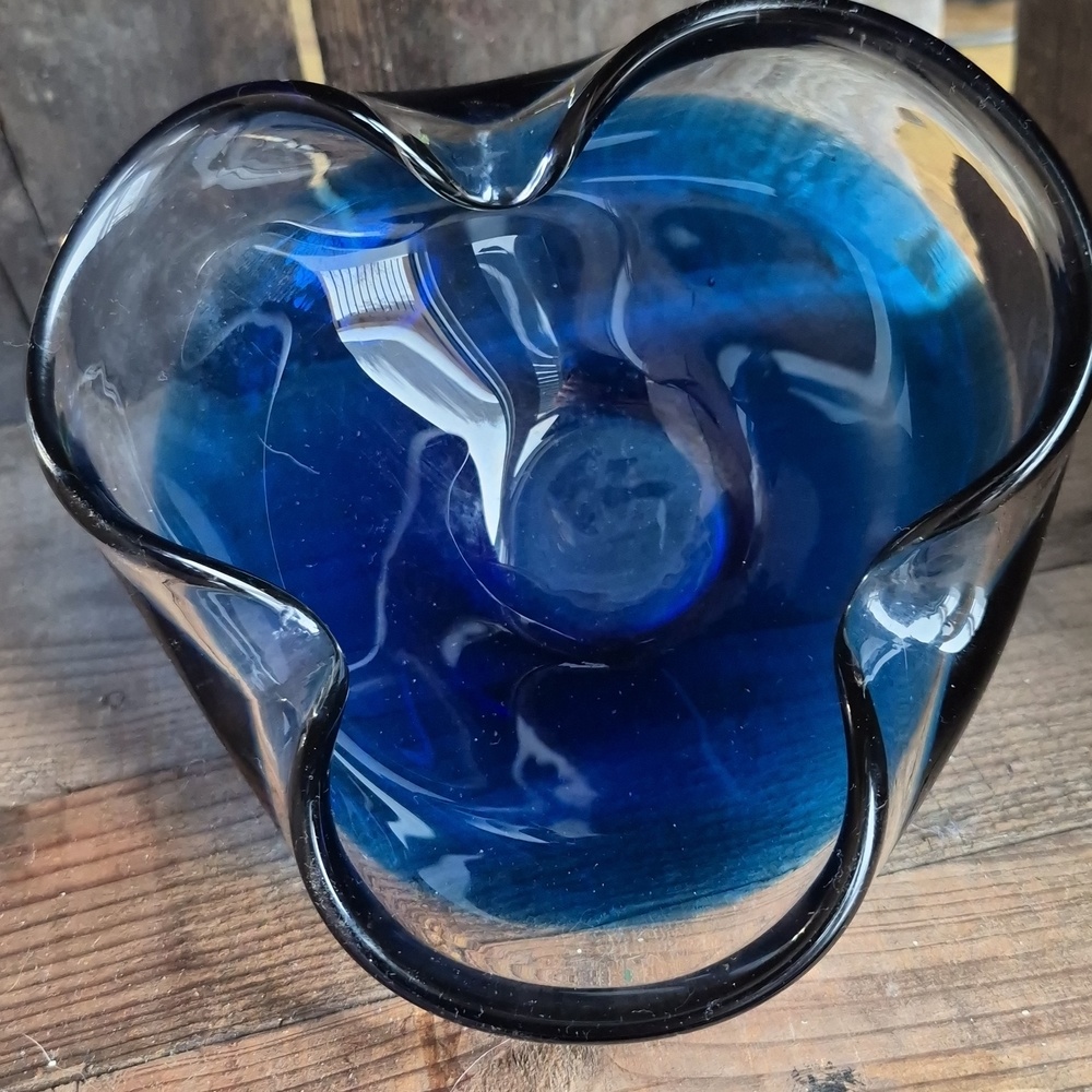 Blue art glass folded bowl